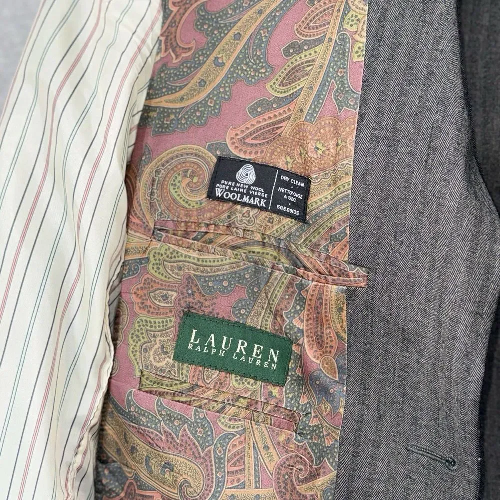 Lauren Ralph Lauren Woolmark Blazer Gray Pinstripes 40R Paisley Lined Union Made